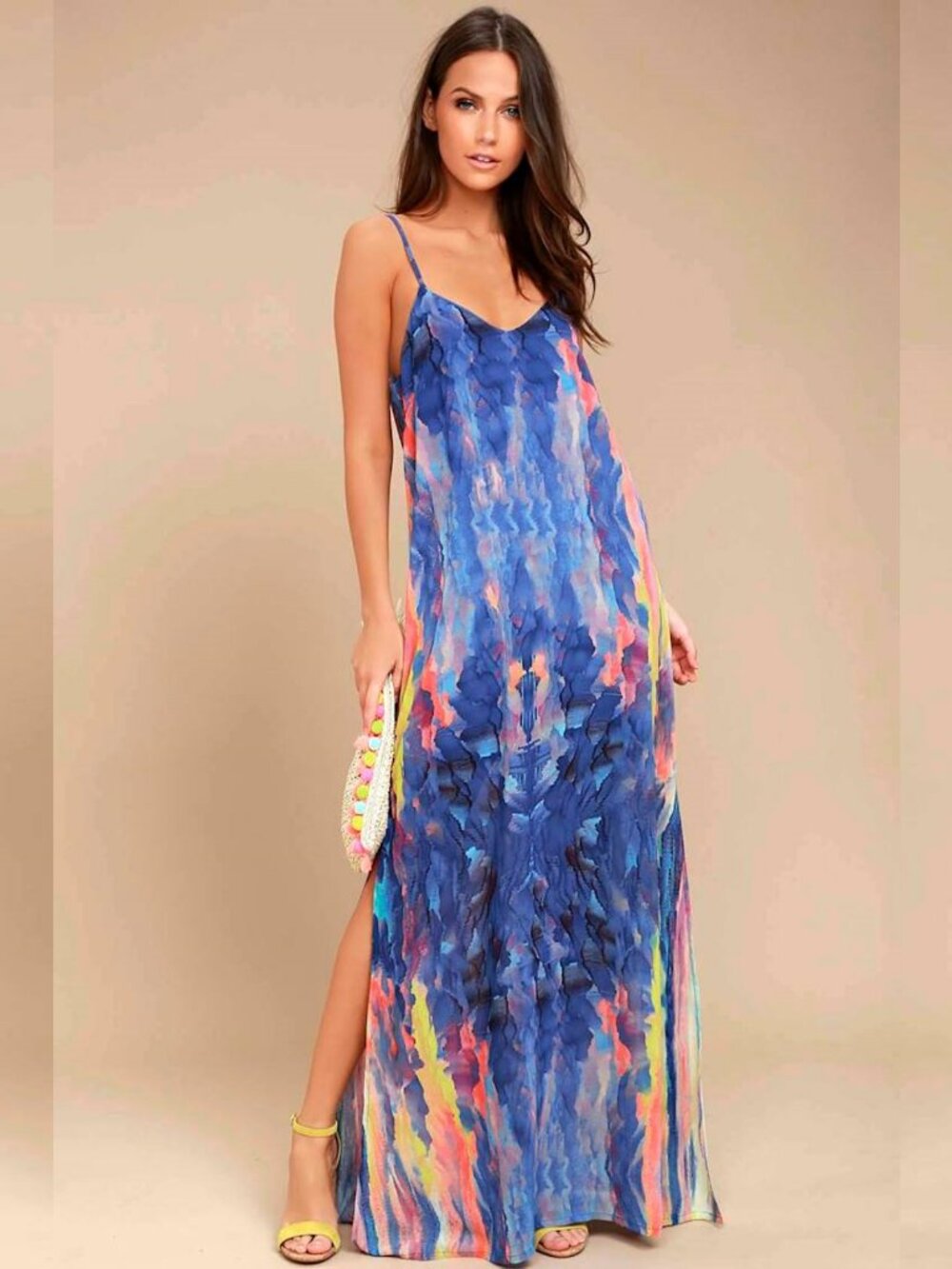 Lulus Flying Watercolors Royal Blue Print Maxi Dress, size S